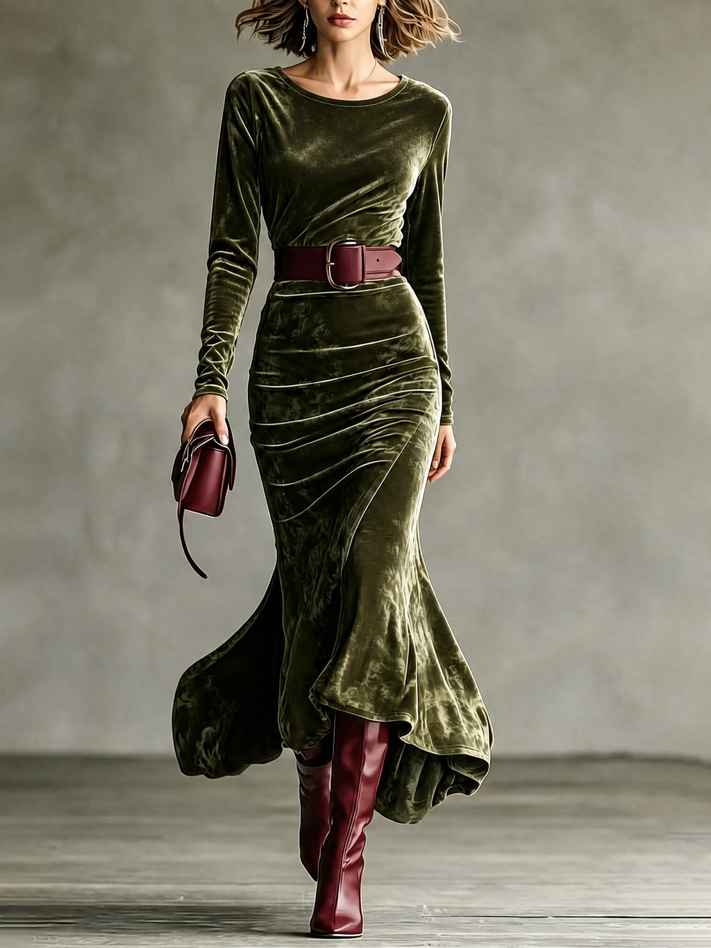 Long Sleeve Velvet Mermaid Maxi Dress with Belted Waist for Women