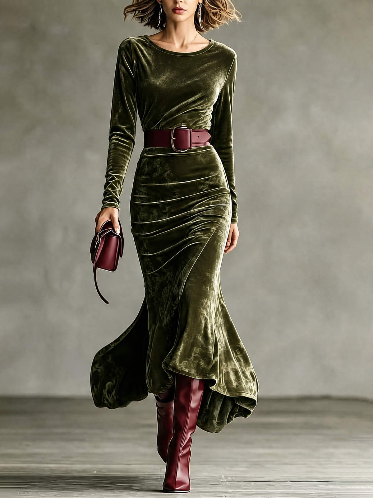 Long Sleeve Velvet Mermaid Maxi Dress with Belted Waist for Women