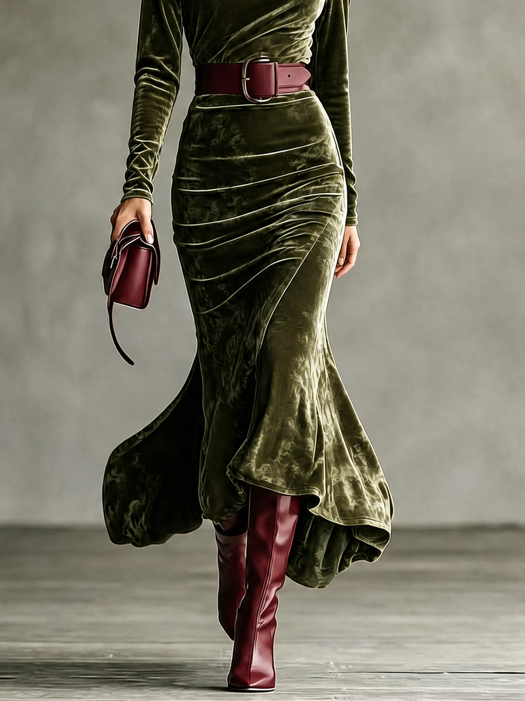 Long Sleeve Velvet Mermaid Maxi Dress with Belted Waist for Women