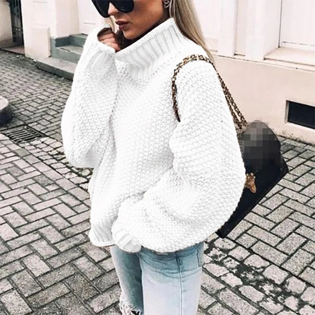 Turtleneck Oversized Chunky Knit Sweater with Ribbed Cuffs for Women