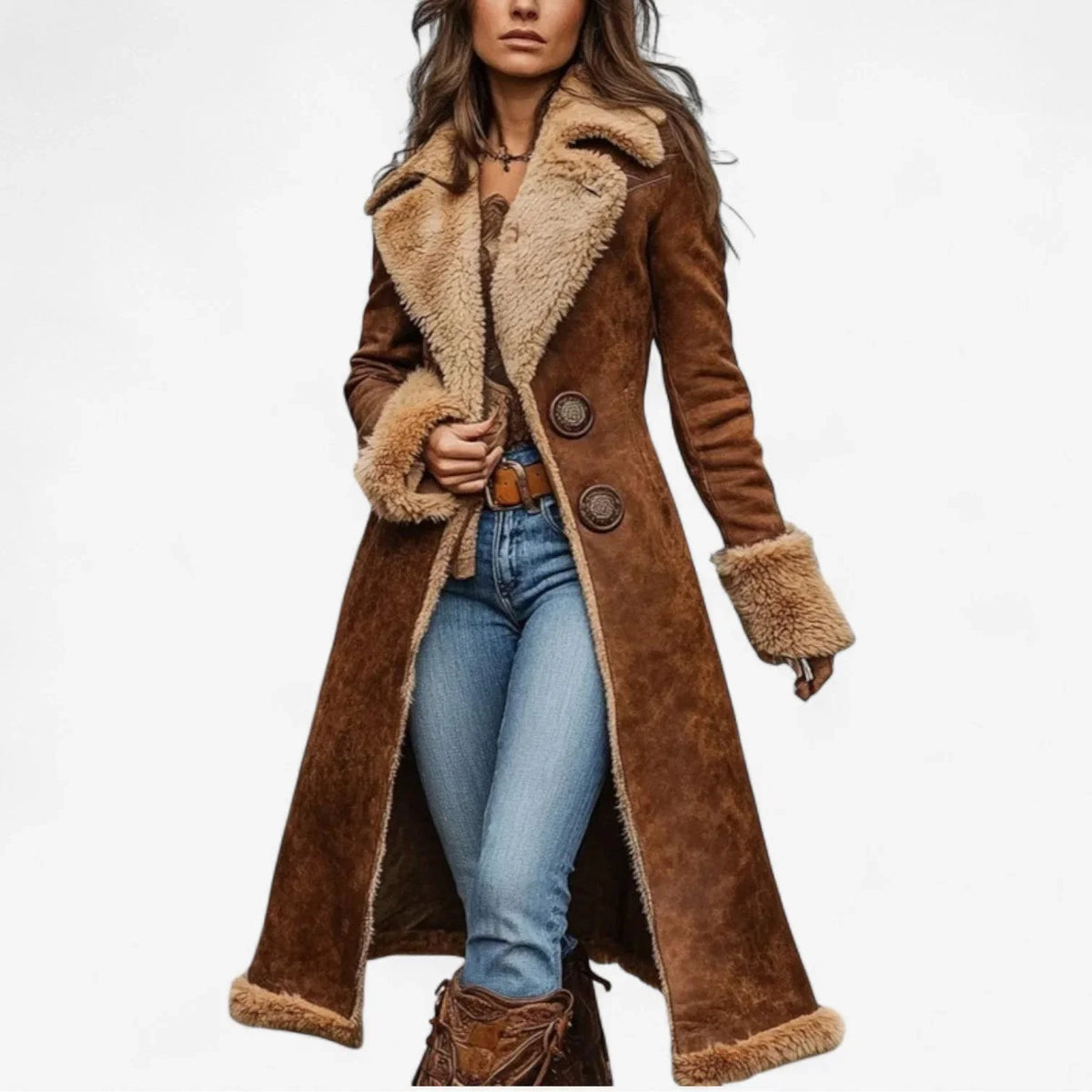 Long Oversized Faux Suede Coat with Faux Fur Trim for Women