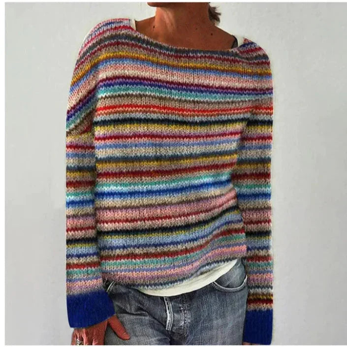Relaxed Fit Fair Isle Boat Neck Sweater with Long Sleeves for Women