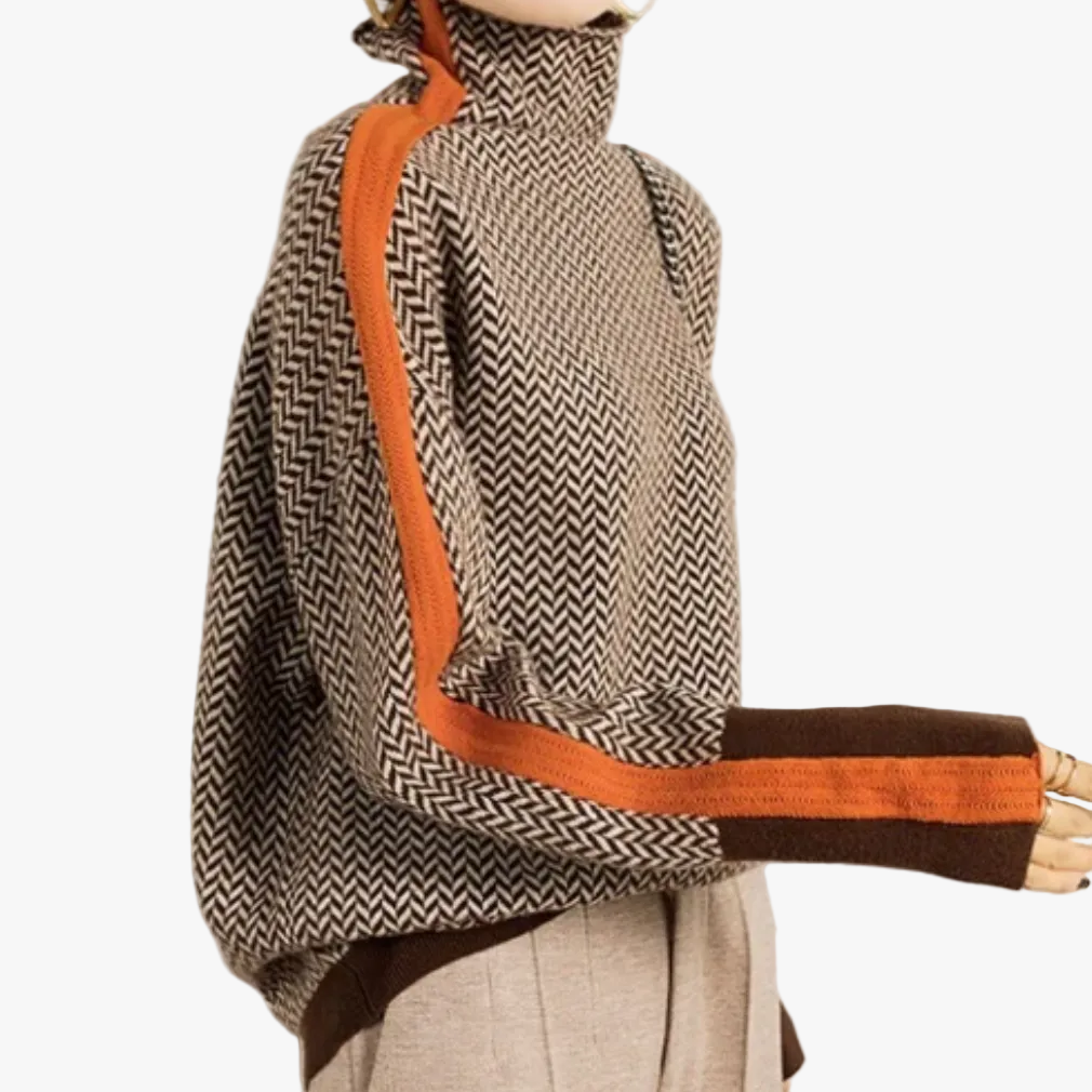 Herringbone Turtleneck Sweater with Contrast Sleeve for Women