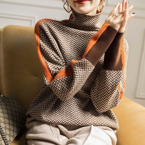 Herringbone Turtleneck Sweater with Contrast Sleeve for Women