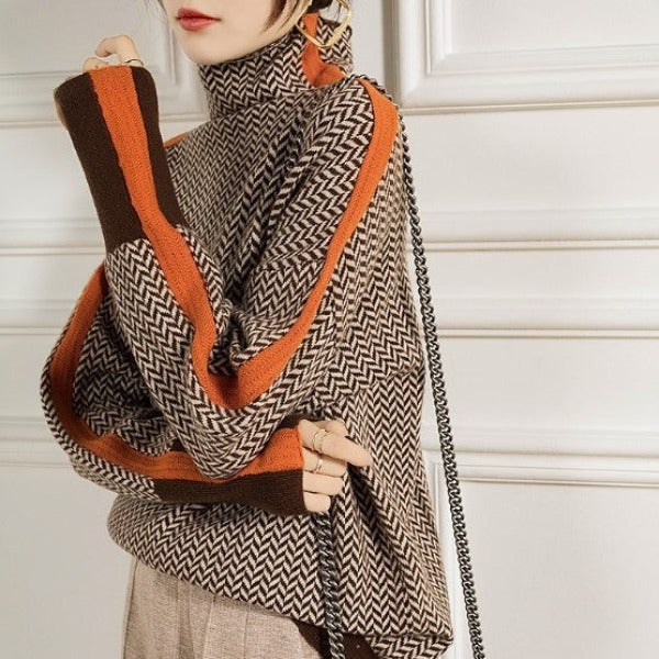 Herringbone Turtleneck Sweater with Contrast Sleeve for Women