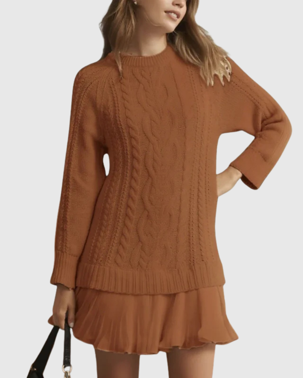 Cable Knit Sweater Dress with Pleated Skirt for Women