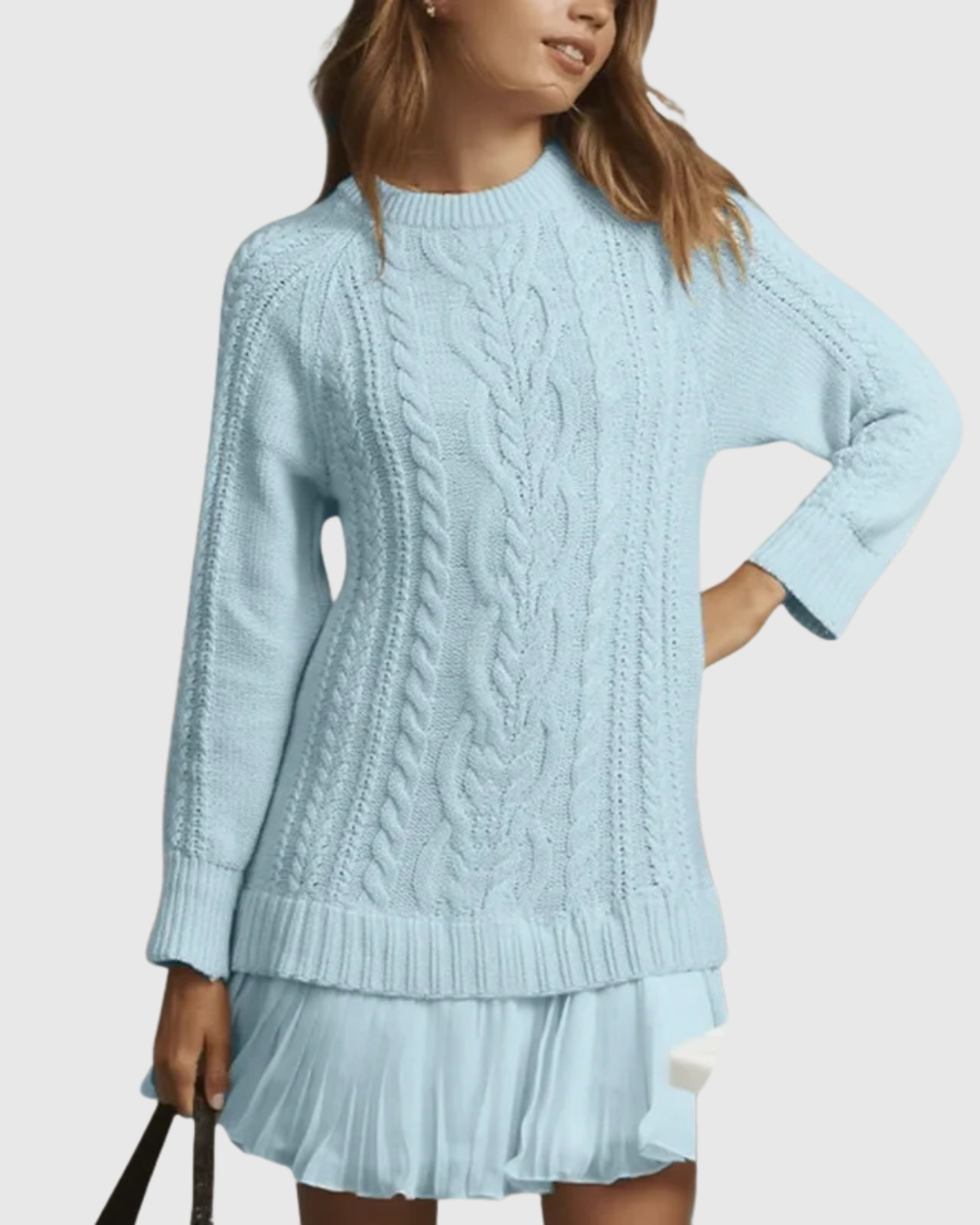 Cable Knit Sweater Dress with Pleated Skirt for Women