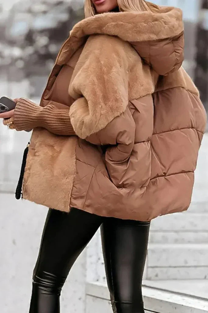 Women's Winter Coat with Large Hood and Faux Fur Collar